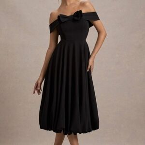 Club L London CALLIOPIA BLACK BOW BARDOT MIDI DRESS WITH PUFF- BALL SKIRT